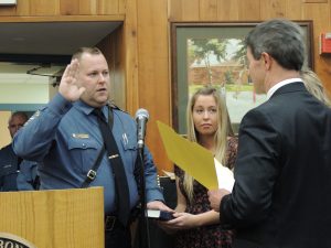 Chief Davenport being sworn in by Mayor Farrell